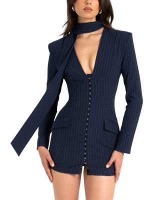  Tahlia Deep V Pinstripes Scarf Collar Blazer Dress