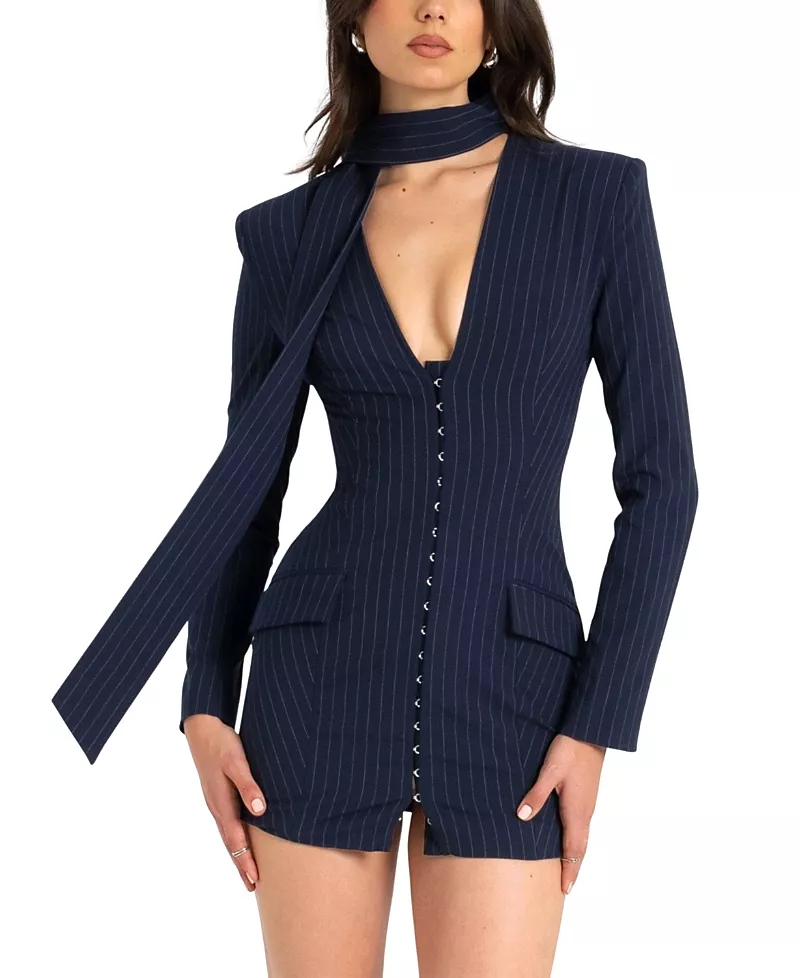 Miss Circle Tahlia Deep V Pinstripes Scarf Collar Blazer Dress