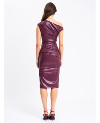  Sabina Faux Leather Slash Neck Midi Dress
