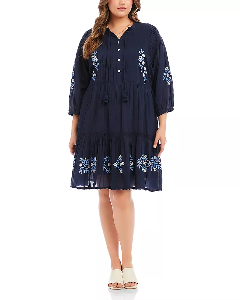 Karen Kane Plus Size Blouson Sleeve Embroidered Lace Trim Tiered Dress