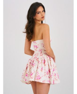  Samara Floral Drop Waist Linen Corset Puffy Mini Dress
