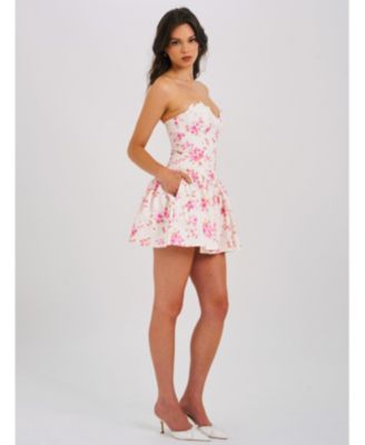  Samara Floral Drop Waist Linen Corset Puffy Mini Dress