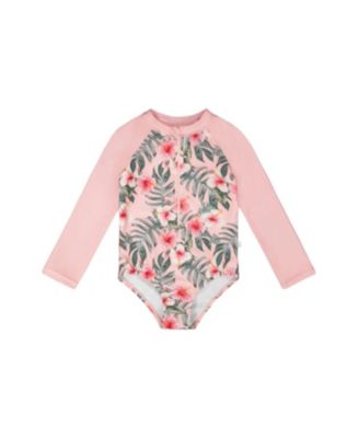 Girls' One-Piece Long Sleeve Hibiscus Rashguard - Big Kid