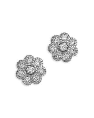 Diamond Cluster Flower Stud Earrings in 14K White Gold, 3.0 tcw