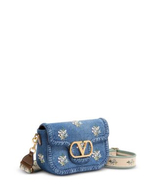 Embroidered Flower VLogo Denim Shoulder Bag