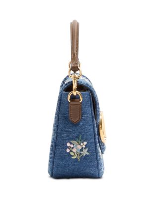 Embroidered Flower VLogo Denim Shoulder Bag