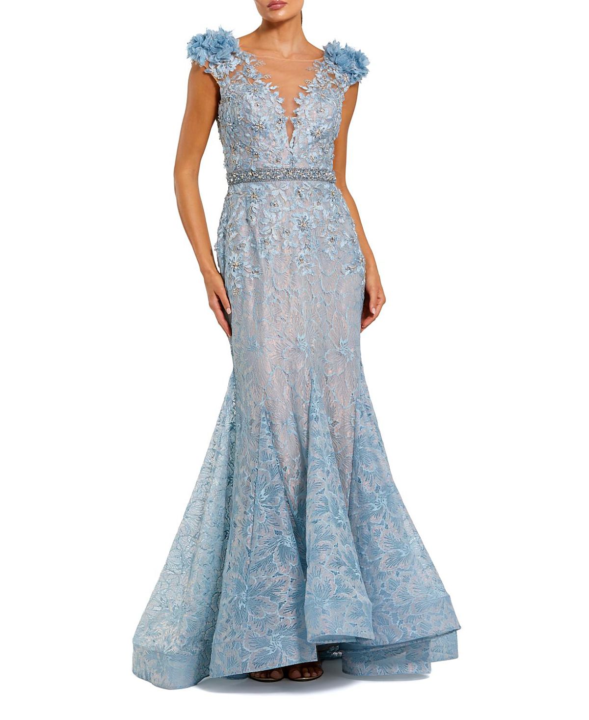 Mac Duggal Embroidered Illusion Appliqued Bodice Trumpet Gown