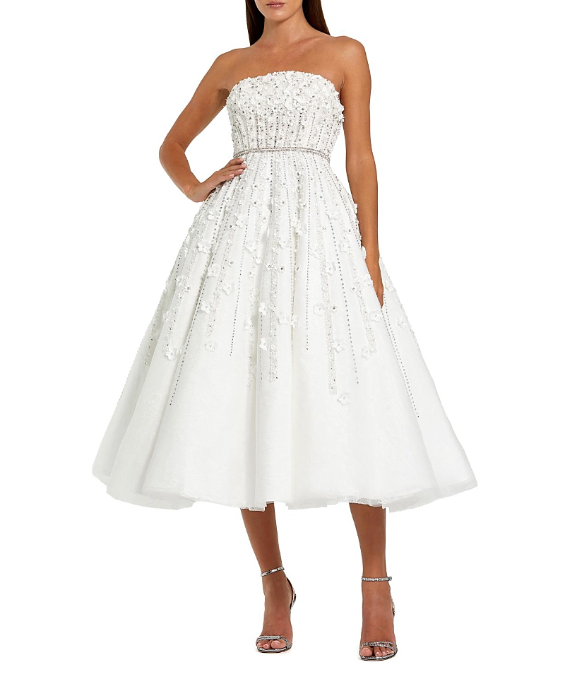 Mac Duggal Embellished Lace Strapless Midi A Line Dress