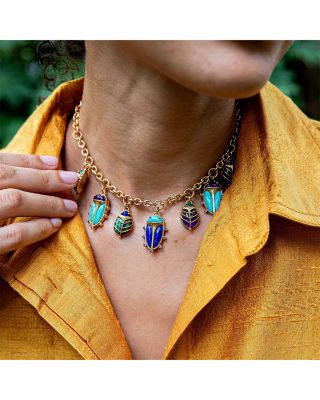 Multi Gemstone Scarab Family Charm Necklace, 16-18"