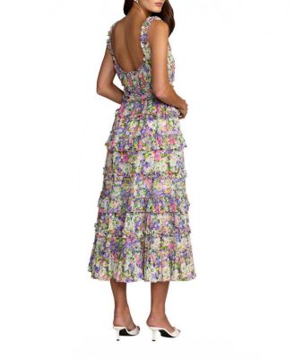 Floral Ruffle A-Line Cotton Midi Dress