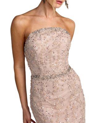 Strapless Beaded Net Trumpet Gown with Feathers