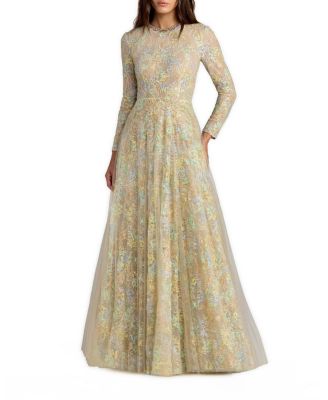  Long Sleeve Embellished Lace A-Line Gown