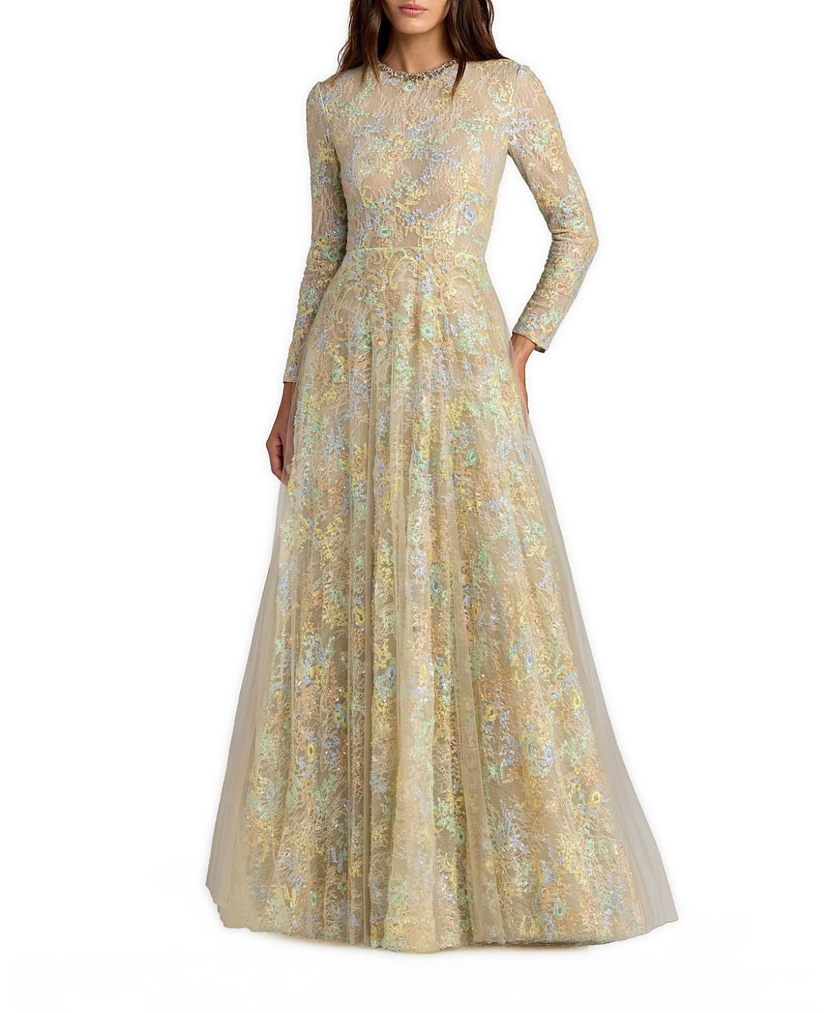 Mac Duggal Long Sleeve Embellished Lace A-Line Gown