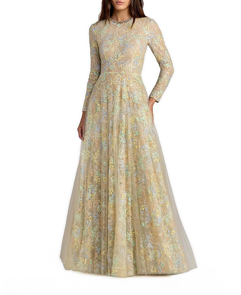Mac Duggal Long Sleeve Embellished Lace A-Line Gown