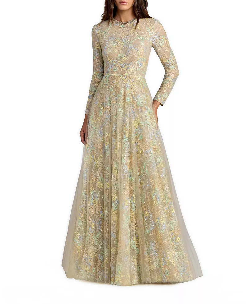 Mac Duggal Long Sleeve Embellished Lace A-Line Gown