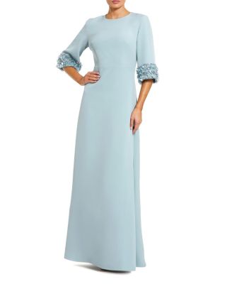  A-Line Crepe Gown with Embellished 3/4 Sleeves