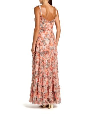 Floral Mesh Sleeveless Micro Ruffle A Line Gown