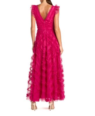  V-Neck Cap Sleeve Ruffle Maxi Dress