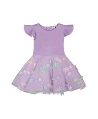  Girls' Bi-Material Short Flutter Sleeves Mesh Dress - Little Kid