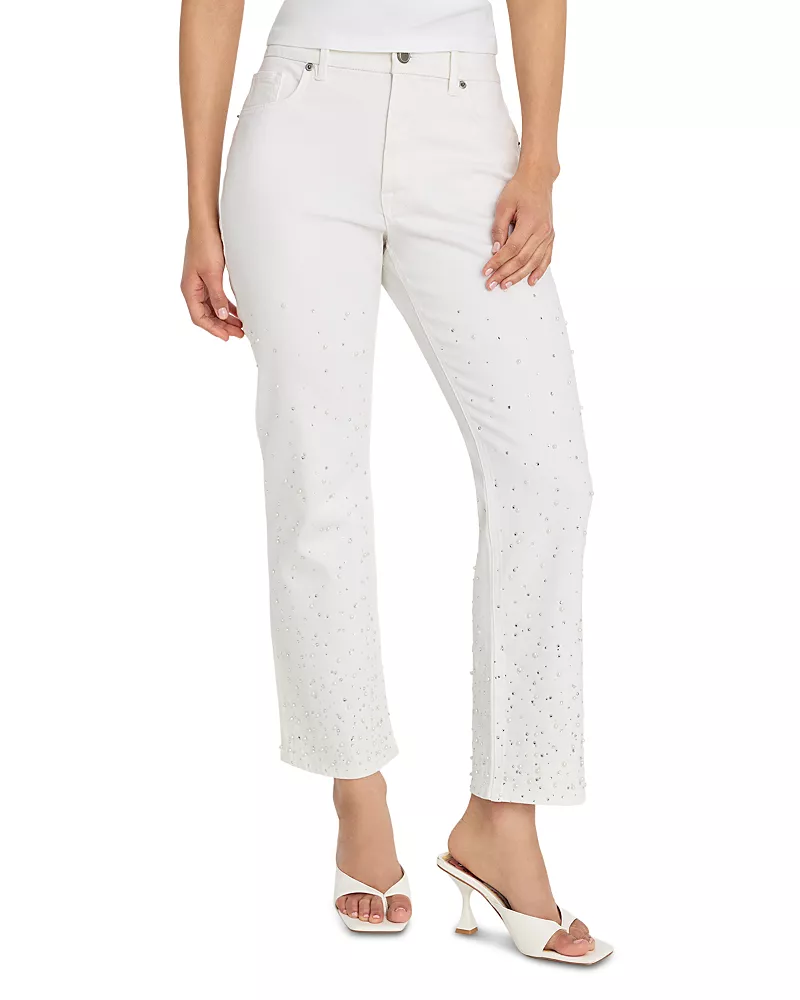 Good American Good Icon High Rise Straight Ankle Embellished Jeans in White001