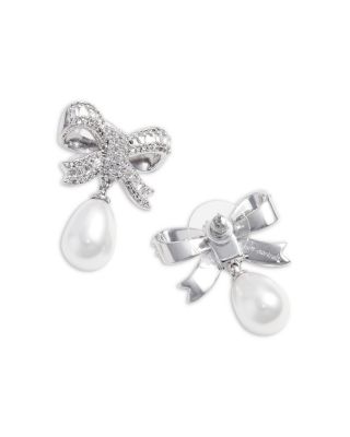 Cubic Zirconia & Imitation Pearl Bow Drop Earrings 