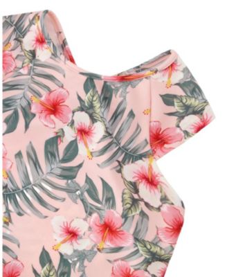 Girls' Two-Piece Short Sleeve Top Hibiscus Swimsuit - Little Kid