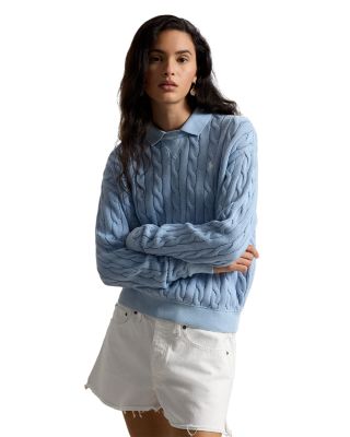 Cable Knit Cotton Polo Collar Sweater