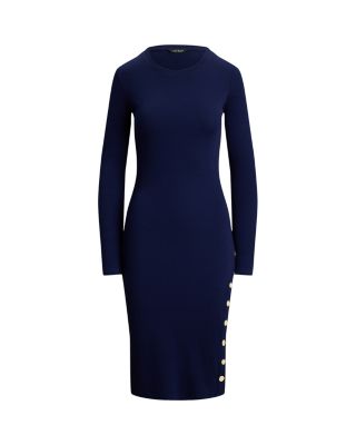 Button Trim Ribbed Cotton Blend Dress