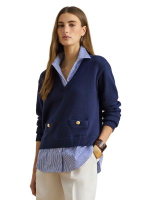 Layered Button Trim Cotton Sweater