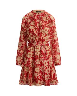 Print Ruffle Trim Georgette Tiered Dress