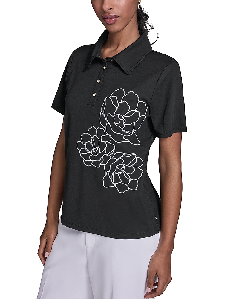 Karl Lagerfeld Paris Floral Embroidered Polo Top