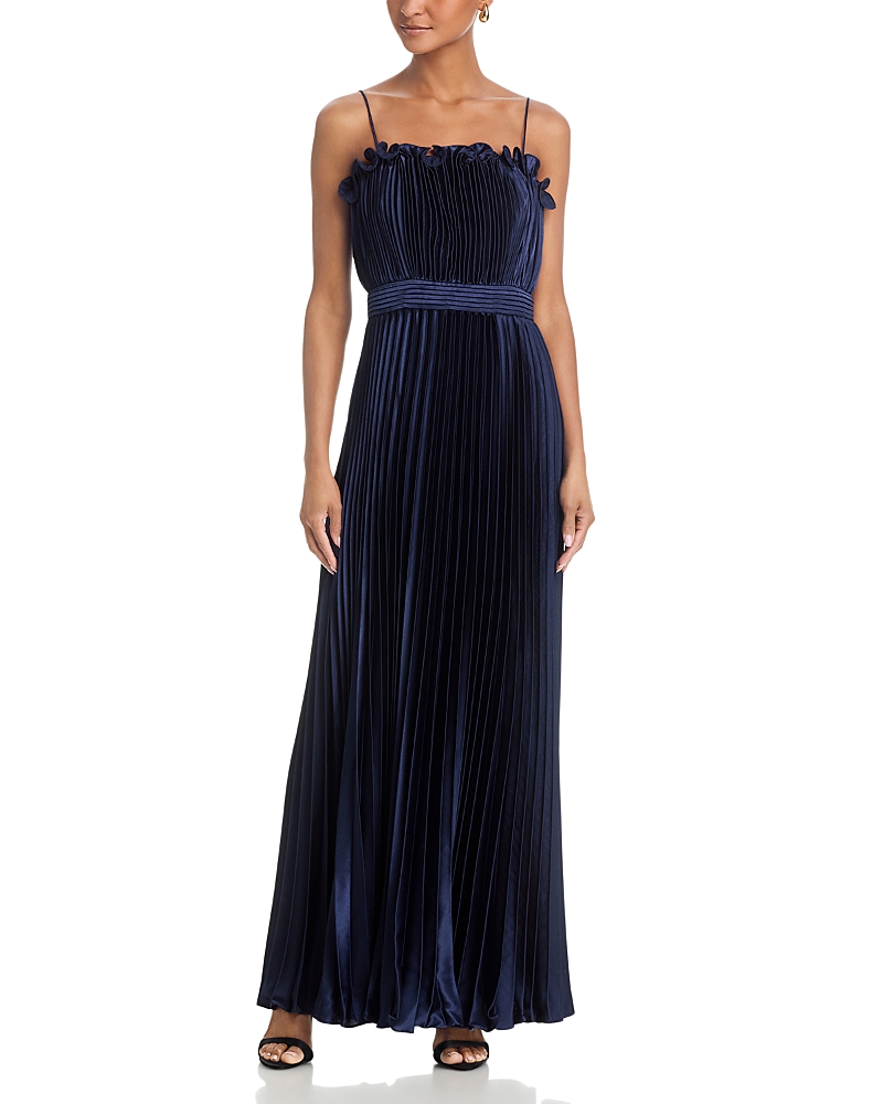 Aqua Long Pleated Spaghetti Strap Gown - Exclusive
