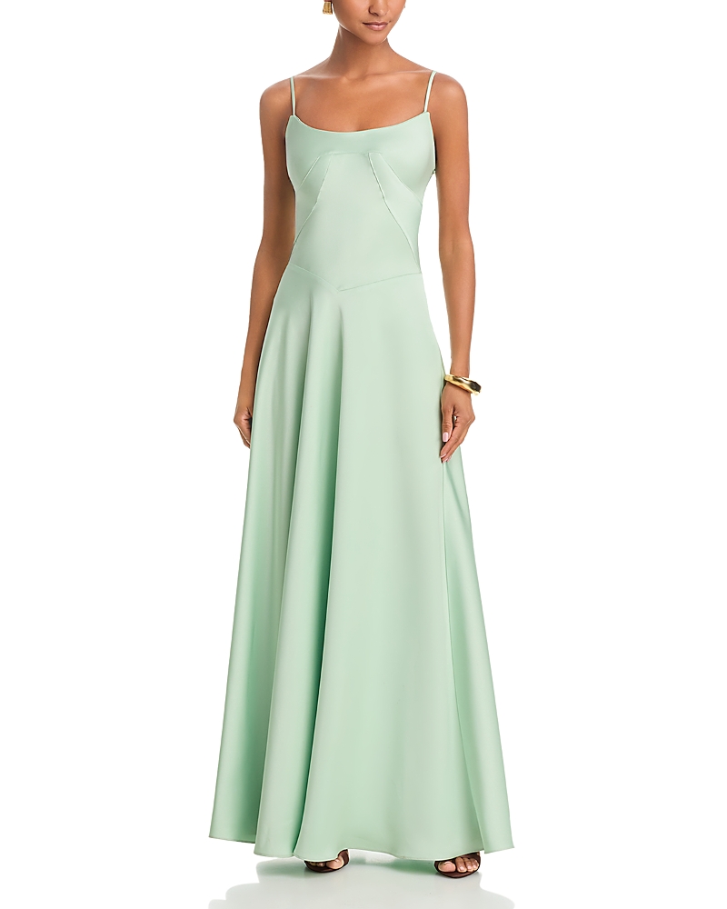 Aqua Satin Lace Up Back Gown - Exclusive