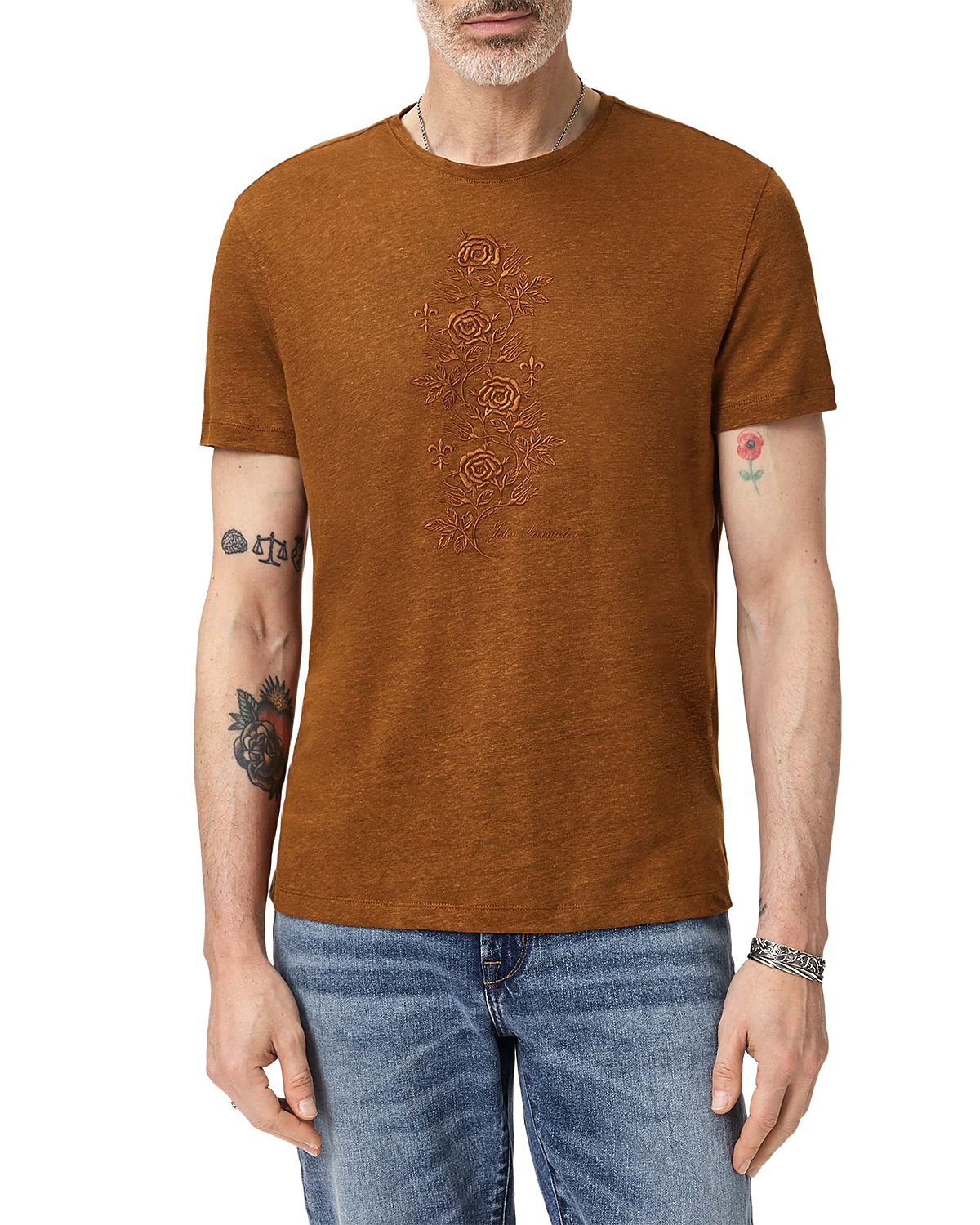 John Varvatos Rose Vine Embroidery Linen Crewneck Tee