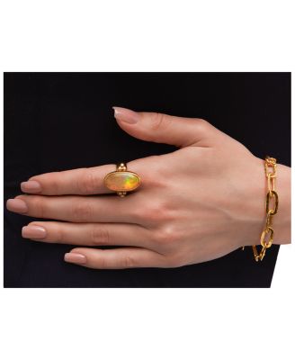 24K Yellow Gold Rune Oval Opal & Diamond Statement Ring