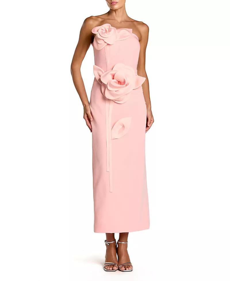 Mac Duggal Strapless Crepe Dress with 3D Satin Flowers
