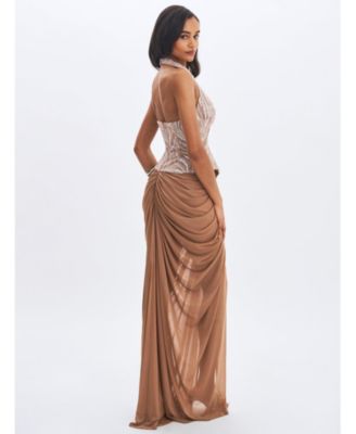  Nancie Beaded Halter Peplum Pleated Maxi Dress
