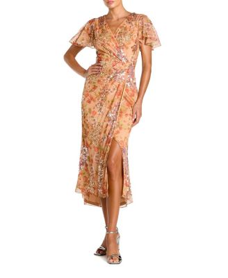  Embellished Floral Flutter Sleeve Midi Dress