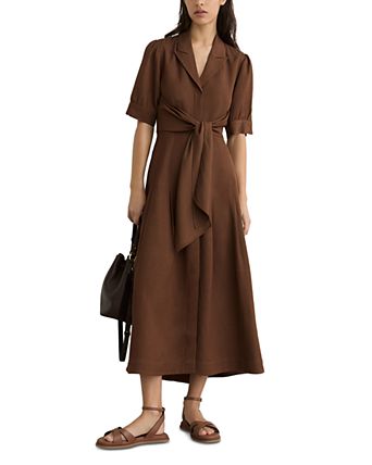 button down dresses for women Relaxed Fit Tie Shirt Dress spread collar short sleeves full button front patch chest pocket hidden pockets loose fit hits at thigh models are approx Long Sleeve Button Down Ruched
