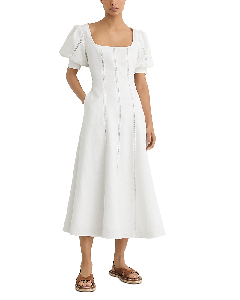 Reiss Linen Puff Sleeve Midi Dress