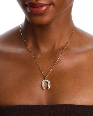 Diamond Round and Baguette Horseshoe Pendant Necklace in 14K Yellow Gold, 0.48 tcw