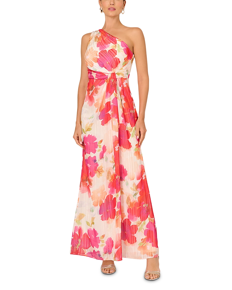 Adrianna Papell One Shoulder Floral Chiffon Gown
