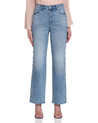 Stone Embellished Stretch Denim Wide Leg Jeans in Flutter Wash
