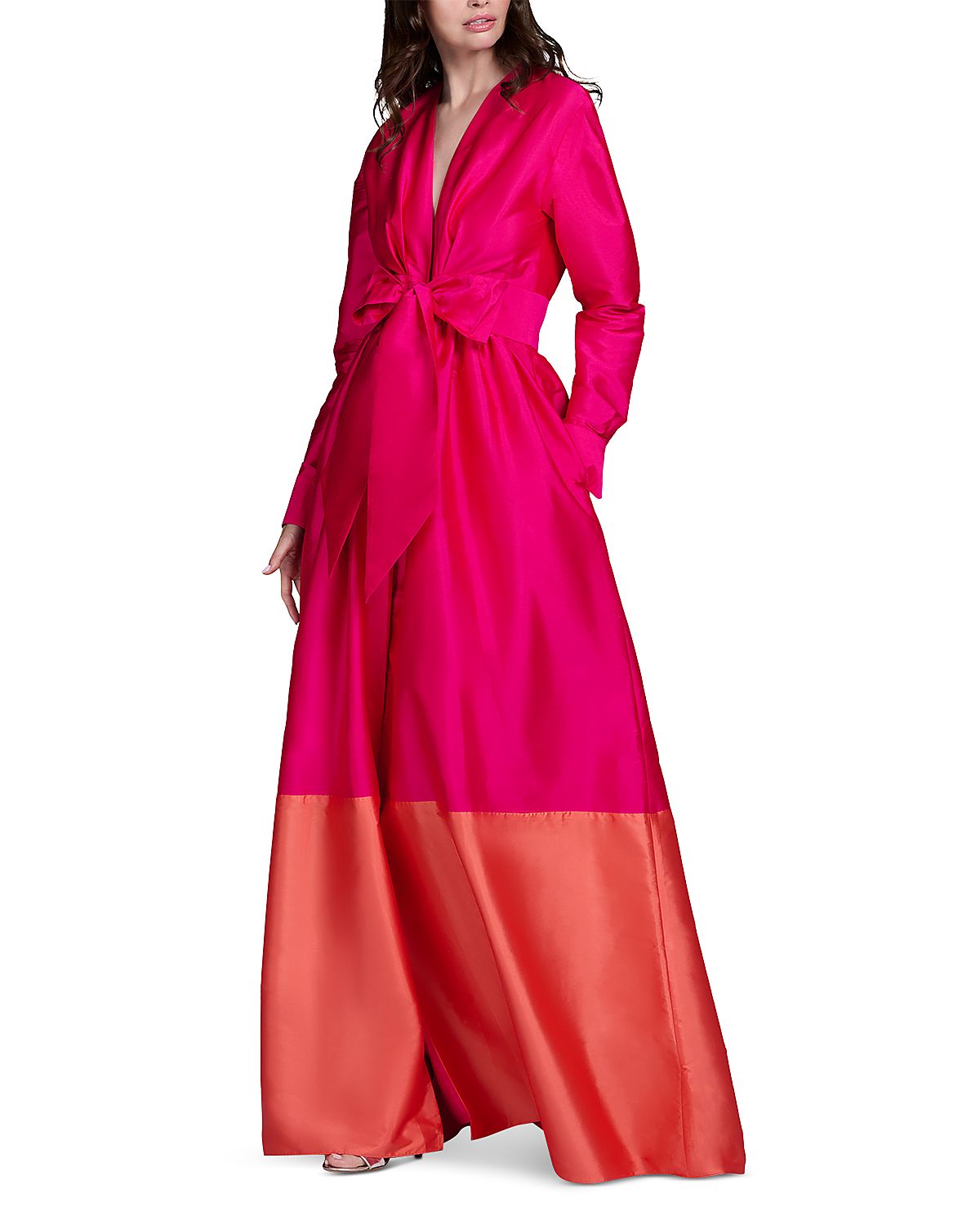 Emily Shalant Taffeta Color Blocked Tie Front Gown