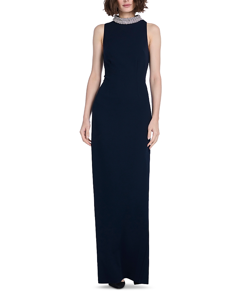 Emily Shalant Braided Crystal Mock Neck Stretch Crepe Gown