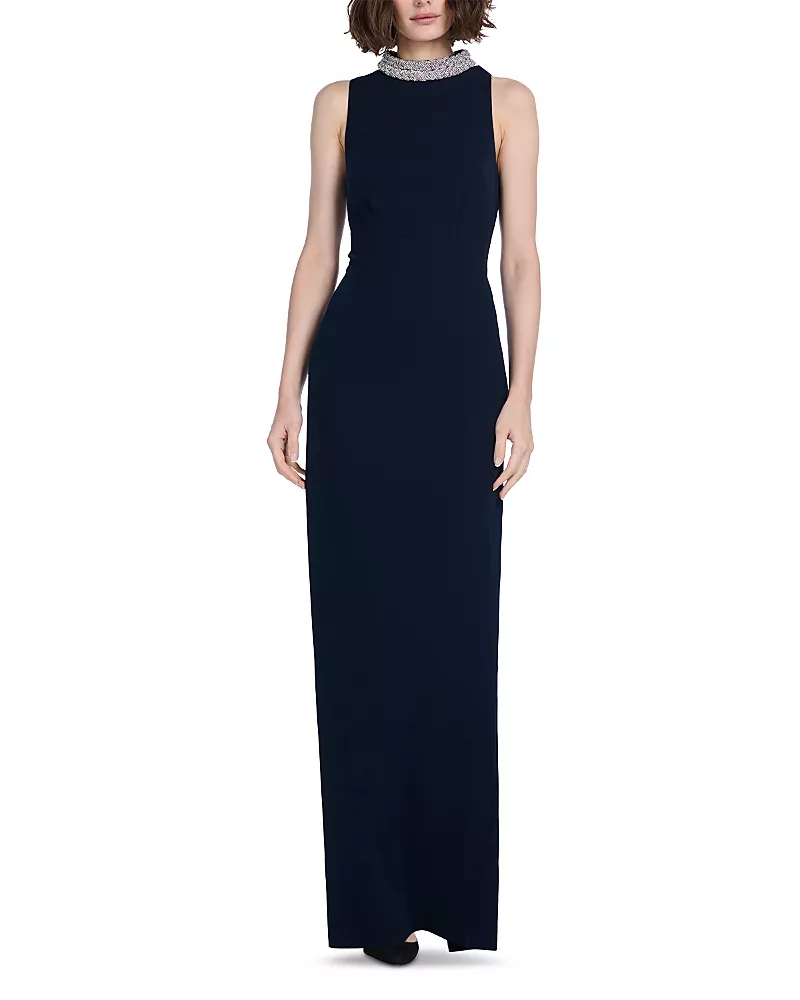 Emily Shalant Braided Crystal Mock Neck Stretch Crepe Gown