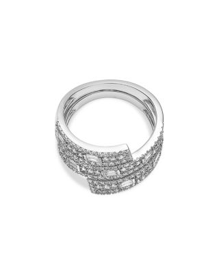 Diamond Round & Baguette Multirow Bypass Ring in 14K White Gold, 1.0 tcw