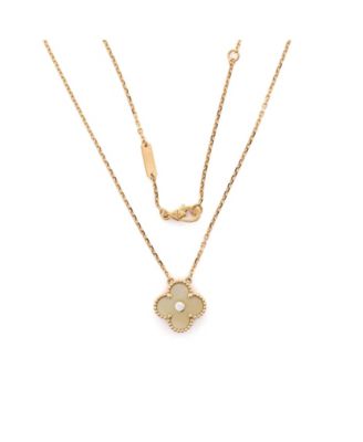  Vintage Alhambra Pendant Necklace 18K Gold and Gold Mother of Pearl with Diamond, 16.25"