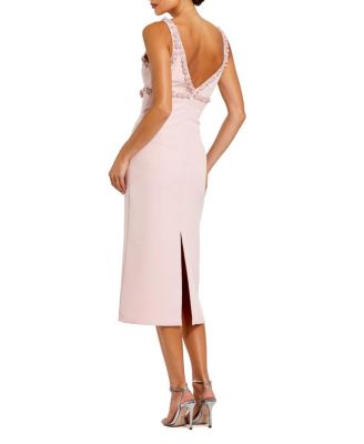 Crepe Fitted Midi Dress with Bow And Beaded Trim