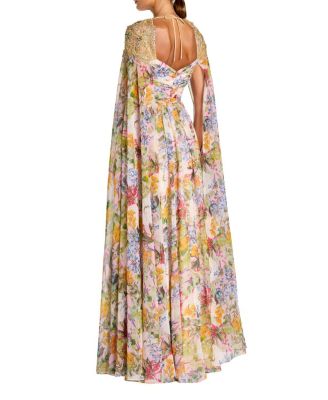  Printed Chiffon Gown With Beaded Cape Sleeves